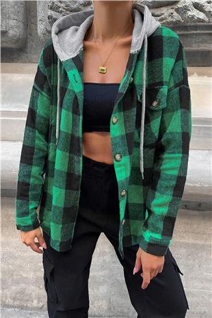 Kadın Yeşil Kapüşonlu Oversize Cepli Düğmeli Ekose Gömlek Ceket VS00936