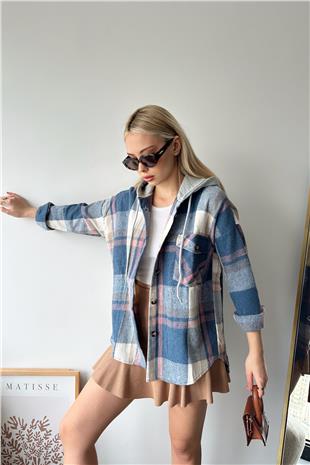 Kadın Mavi Kapüşonlu Oversize Cepli Düğmeli Ekose Gömlek Ceket VS00936