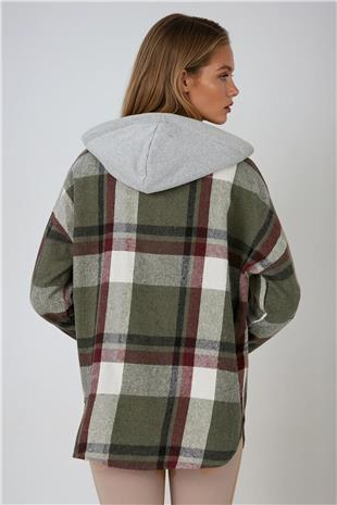 Kadın Haki Kapüşonlu Oversize Cepli Düğmeli Ekose Gömlek Ceket VS00936