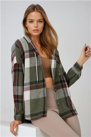 Kadın Haki Kapüşonlu Oversize Cepli Düğmeli Ekose Gömlek Ceket VS00936