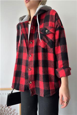 Kadın Kırmızı Kapüşonlu Oversize Cepli Düğmeli Ekose Gömlek Ceket VS00936