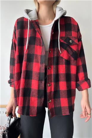 Kadın Kırmızı Kapüşonlu Oversize Cepli Düğmeli Ekose Gömlek Ceket VS00936
