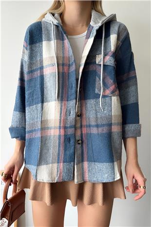 Kadın Mavi Kapüşonlu Oversize Cepli Düğmeli Ekose Gömlek Ceket VS00936
