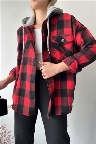 Kadın Kırmızı Kapüşonlu Oversize Cepli Düğmeli Ekose Gömlek Ceket VS00936