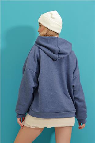 Kapüşonlu Oversize Kalın Basen Boy 3 İplik Şardonlu Sweatshirt - İndigo