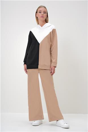 Kadın Siyah Ekru Kapüşonlu Renk Bloklu İki İplik Alt-Üst Takım ALC-X12883