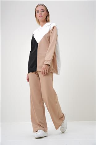 Kadın Siyah Ekru Kapüşonlu Renk Bloklu İki İplik Alt-Üst Takım ALC-X12883