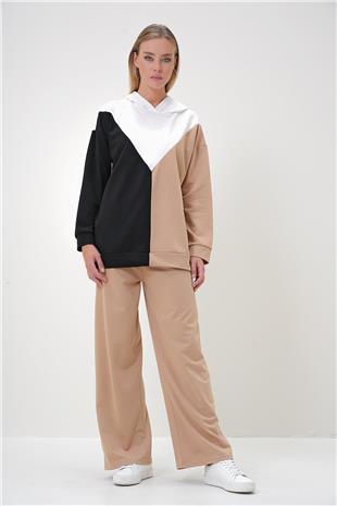 Kadın Siyah Ekru Kapüşonlu Renk Bloklu İki İplik Alt-Üst Takım ALC-X12883