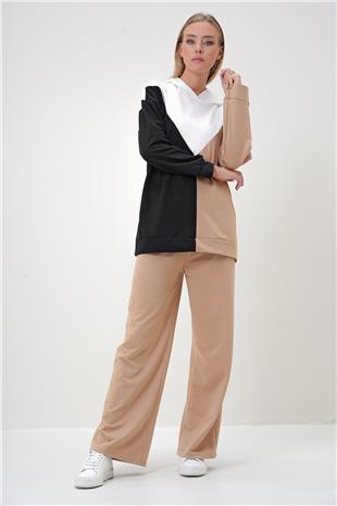 Kadın Siyah Ekru Kapüşonlu Renk Bloklu İki İplik Alt-Üst Takım ALC-X12883