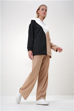 Kadın Siyah Ekru Kapüşonlu Renk Bloklu İki İplik Alt-Üst Takım ALC-X12883