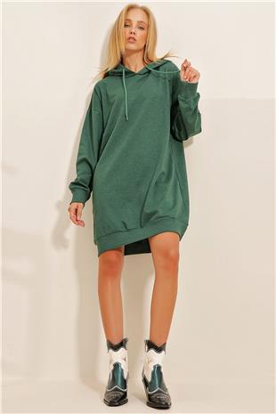 Kapüşonlu Sweatshirt Elbise - Ceviz Yeşili