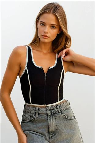 Kadın Siyah Kare Yaka Askılı Fermuarlı Crop Bluz VS00695