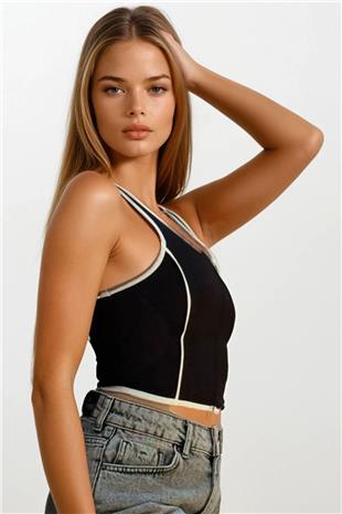 Kadın Siyah Kare Yaka Askılı Fermuarlı Crop Bluz VS00695