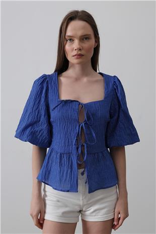 Kadın Mavi Kare Yaka Balon Kol Bluz VS00515