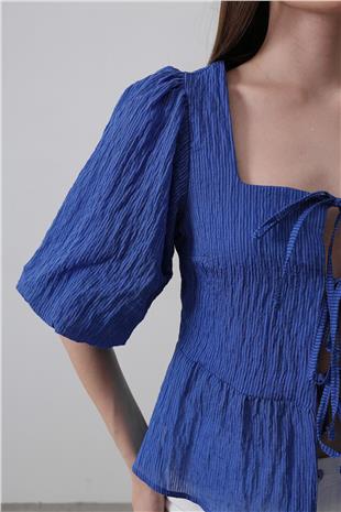 Kadın Mavi Kare Yaka Balon Kol Bluz VS00515