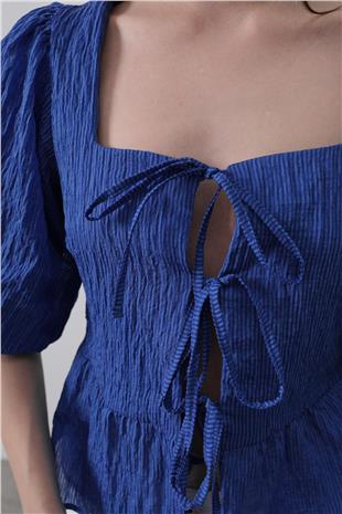 Kadın Mavi Kare Yaka Balon Kol Bluz VS00515