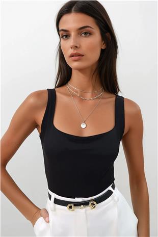 Kadın Siyah Kare Yaka İnce Askılı Sandy Kumaş Bluz ALC-X13453