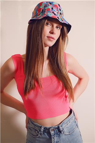 Kadın Fuşya Kare Yaka İnce Merserize Bluz ALC-7122