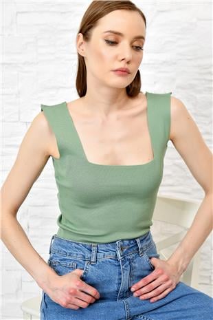 Kadın Yeşil Kare Yaka İnce Merserize Bluz ALC-7122