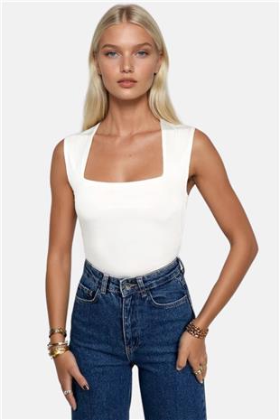 Kadın Beyaz Kare Yaka Kalın Askılı Sandy Bluz ALC-X13449