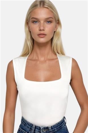 Kadın Beyaz Kare Yaka Kalın Askılı Sandy Bluz ALC-X13449