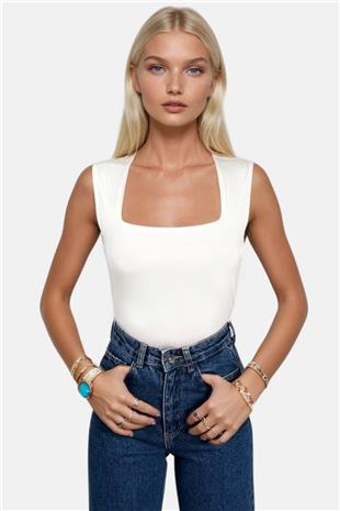 Kadın Beyaz Kare Yaka Kalın Askılı Sandy Bluz ALC-X13449