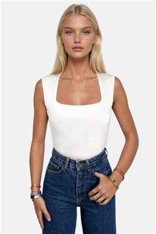 Kadın Beyaz Kare Yaka Kalın Askılı Sandy Bluz ALC-X13449