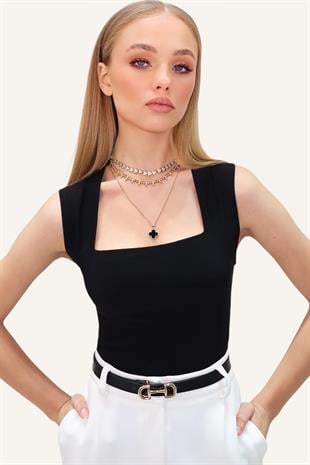 Kadın Siyah Kare Yaka Kalın Askılı Sandy Bluz ALC-X13449