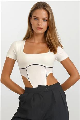 Kadın Beyaz Kare Yaka Kısa Kollu Body Suit VS00691