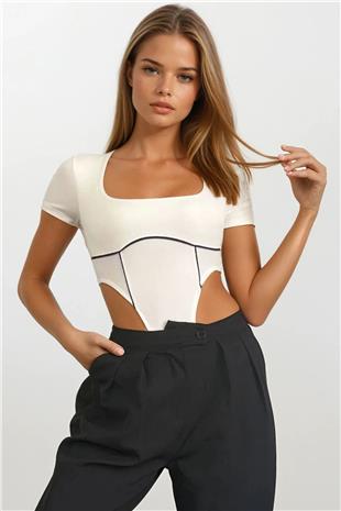 Kadın Beyaz Kare Yaka Kısa Kollu Body Suit VS00691