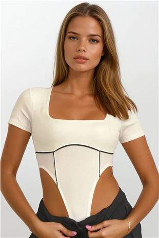 Kadın Beyaz Kare Yaka Kısa Kollu Body Suit VS00691