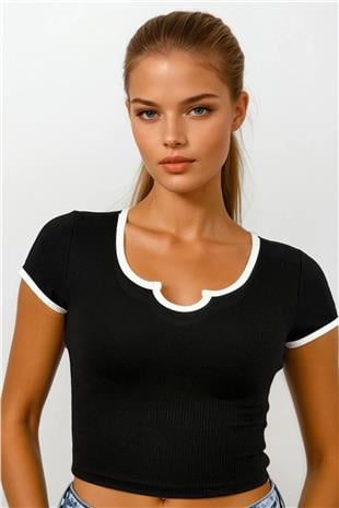 Kadın Siyah Kare Yaka Kısa Kollu Fitilli Crop Bluz VS00700