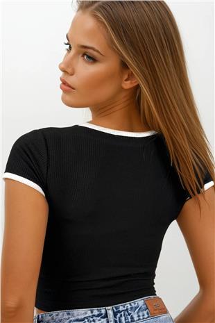 Kadın Siyah Kare Yaka Kısa Kollu Fitilli Crop Bluz VS00700