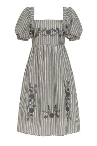 Kadın Gri Kare Yaka Prenses Kol Çizgili Çiçek Nakışlı Dokuma Elbise ALC-X8996