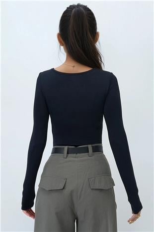Kadın Siyah Kare Yaka Tulumlu Alttan Çıtçıtlı Bodysuit ALC-X14390