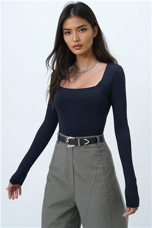Kadın Siyah Kare Yaka Tulumlu Alttan Çıtçıtlı Bodysuit ALC-X14390