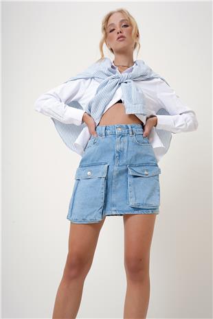 Kadın Mavi Kargo Cepli Jean Etek ALC-X12788