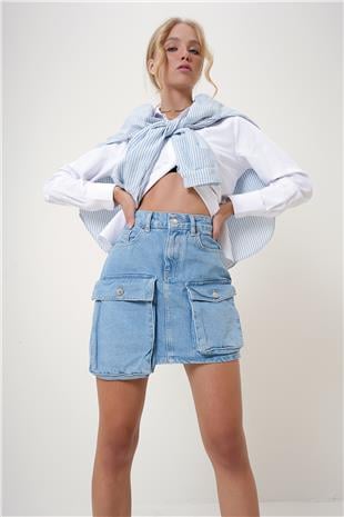 Kadın Mavi Kargo Cepli Jean Etek ALC-X12788