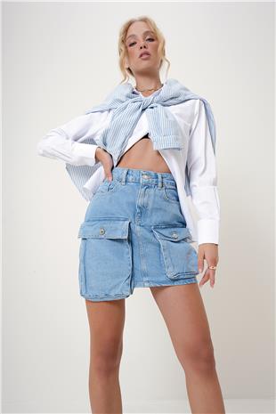 Kadın Mavi Kargo Cepli Jean Etek ALC-X12788