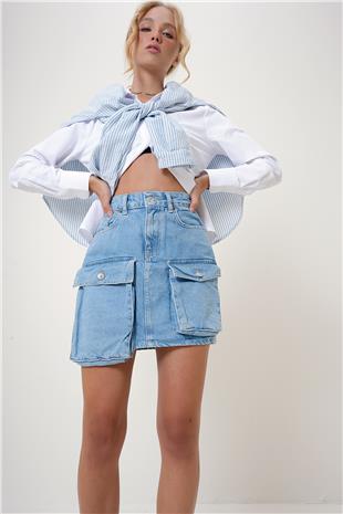 Kadın Mavi Kargo Cepli Jean Etek ALC-X12788