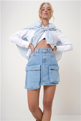 Kadın Mavi Kargo Cepli Jean Etek ALC-X12788