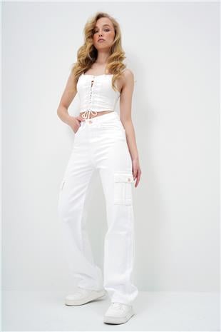Kadın Beyaz Kargo Cepli Jean Pantolon ALC-X10901