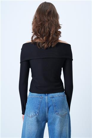 Kadın Siyah Karmen Yaka Fermuar Detaylı Ottoban Bluz VS01187