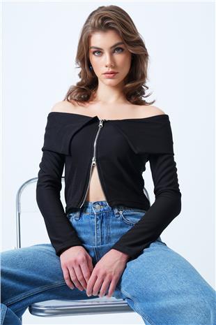 Kadın Siyah Karmen Yaka Fermuar Detaylı Ottoban Bluz VS01187