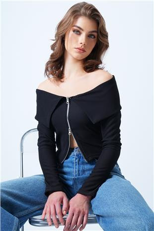 Kadın Siyah Karmen Yaka Fermuar Detaylı Ottoban Bluz VS01187