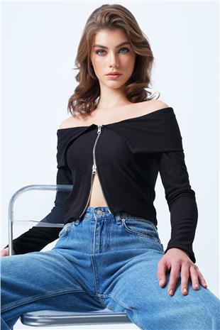 Kadın Siyah Karmen Yaka Fermuar Detaylı Ottoban Bluz VS01187