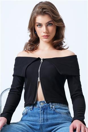 Kadın Siyah Karmen Yaka Fermuar Detaylı Ottoban Bluz VS01187