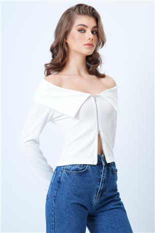 Kadın Beyaz Karmen Yaka Fermuar Detaylı Ottoban Bluz VS01187
