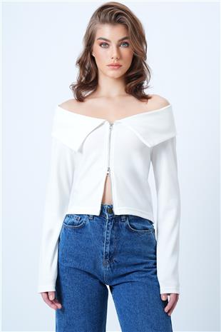 Kadın Beyaz Karmen Yaka Fermuar Detaylı Ottoban Bluz VS01187