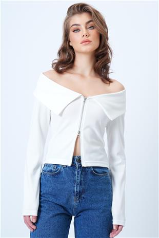 Kadın Beyaz Karmen Yaka Fermuar Detaylı Ottoban Bluz VS01187